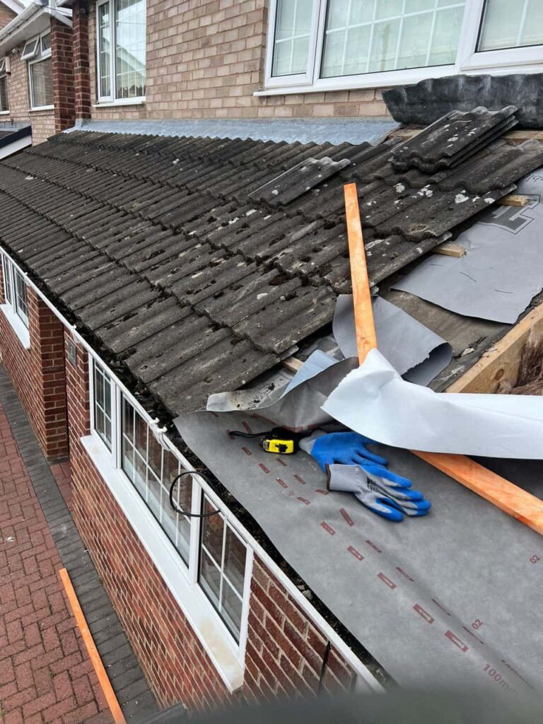 This is a photo of a pitched roof which is being repaired. The existing roof was leaking badly. Works carried out by Halesowen Roofing Repairs